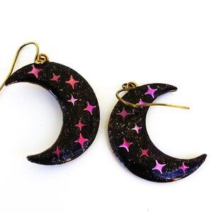 Purple and black sparkling crescent moon with iridescent purple stars earrings